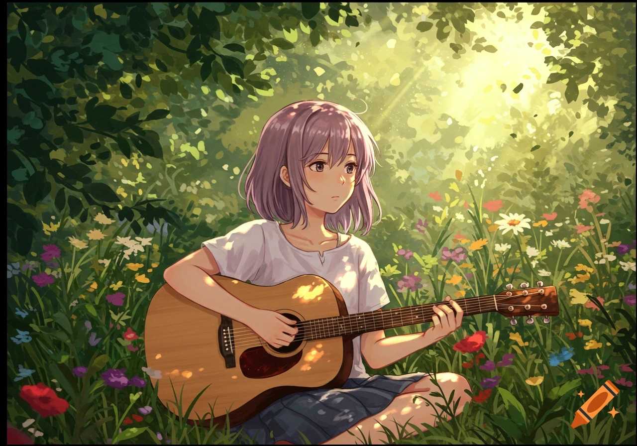Anime girl with lavender hair playing an acoustic guitar while sitting in a sunny field of wildflowers.