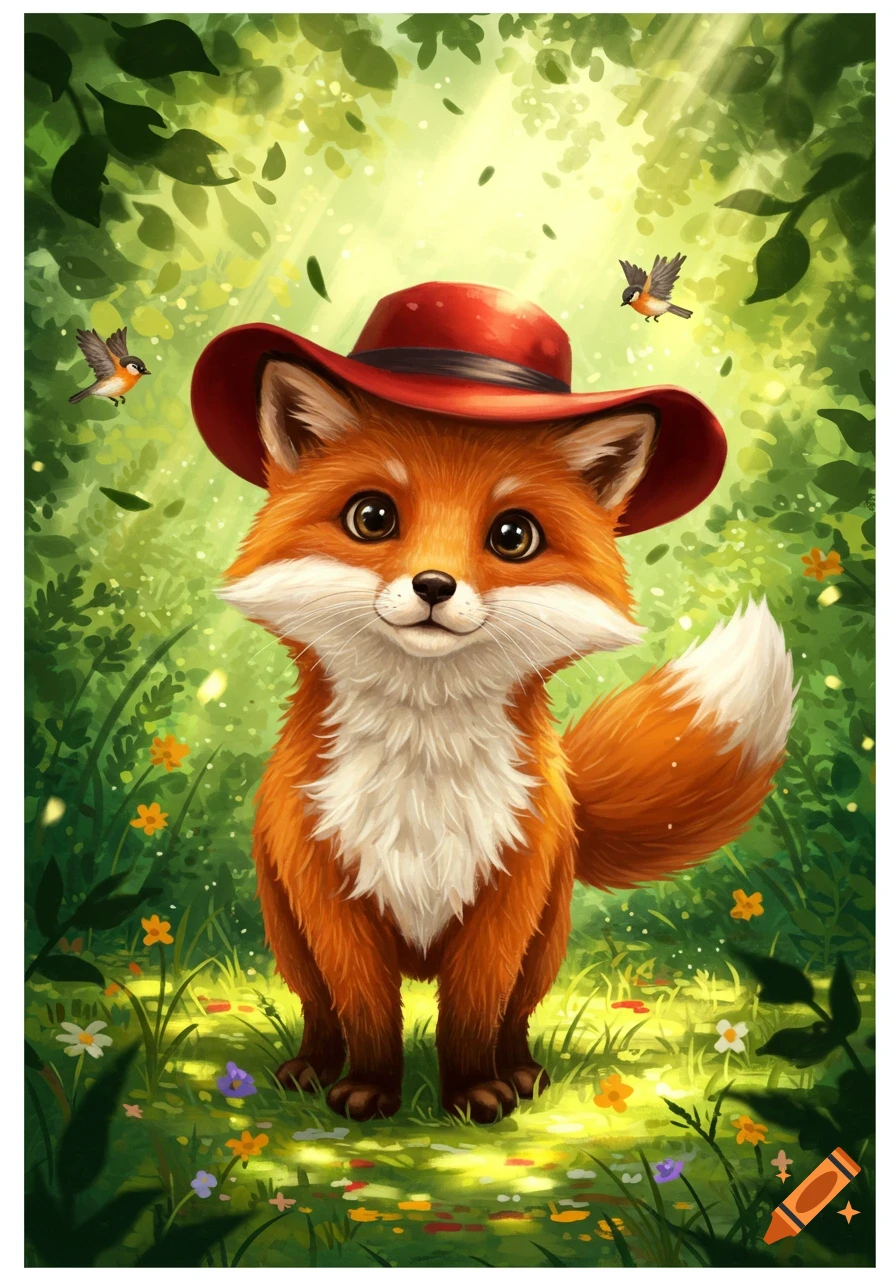 A cute, orange cartoon fox with big eyes and a red hat stands in a lush, sun-dappled forest with small birds flying around.