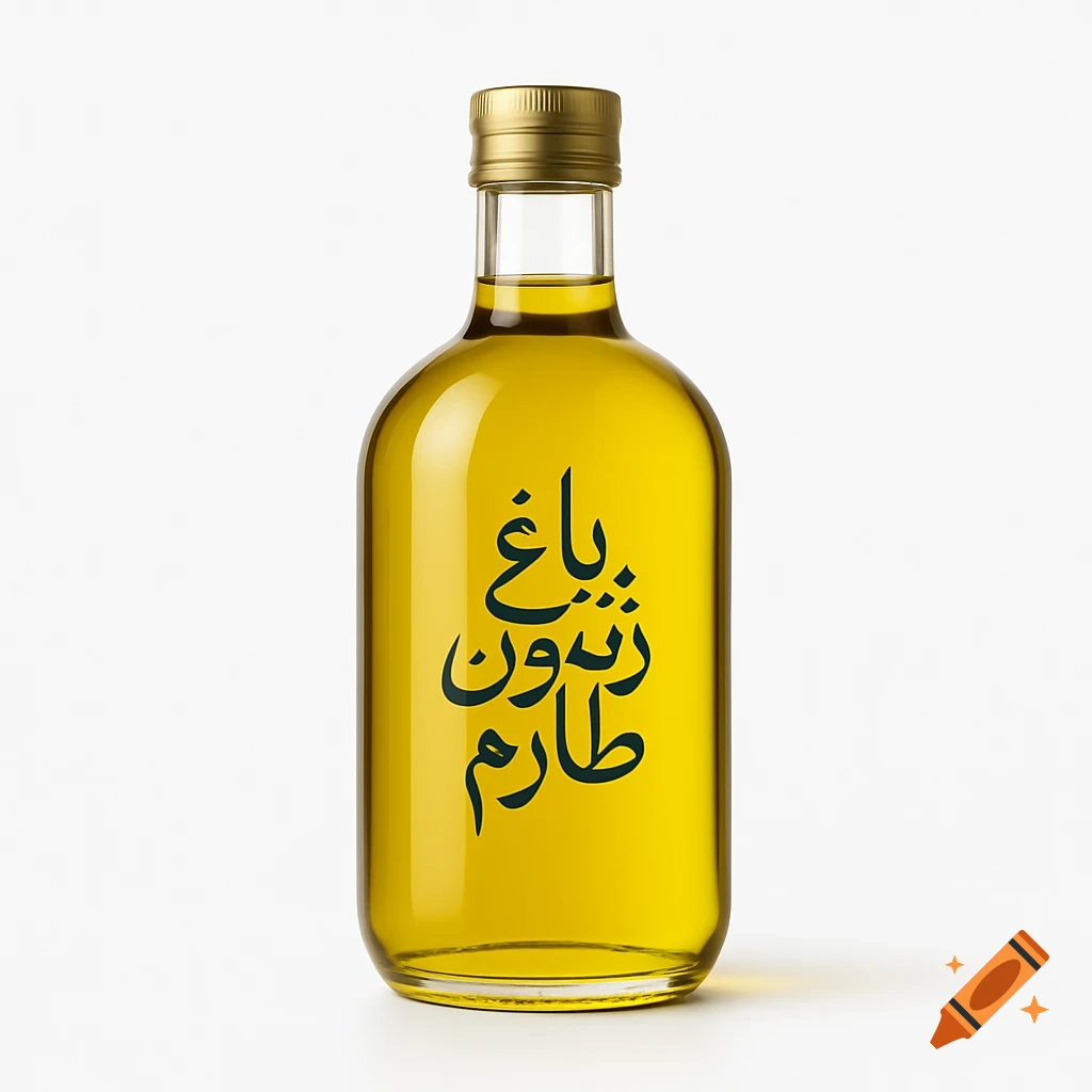 A clear glass bottle of olive oil with a gold cap and Persian text on its label, against a white background.