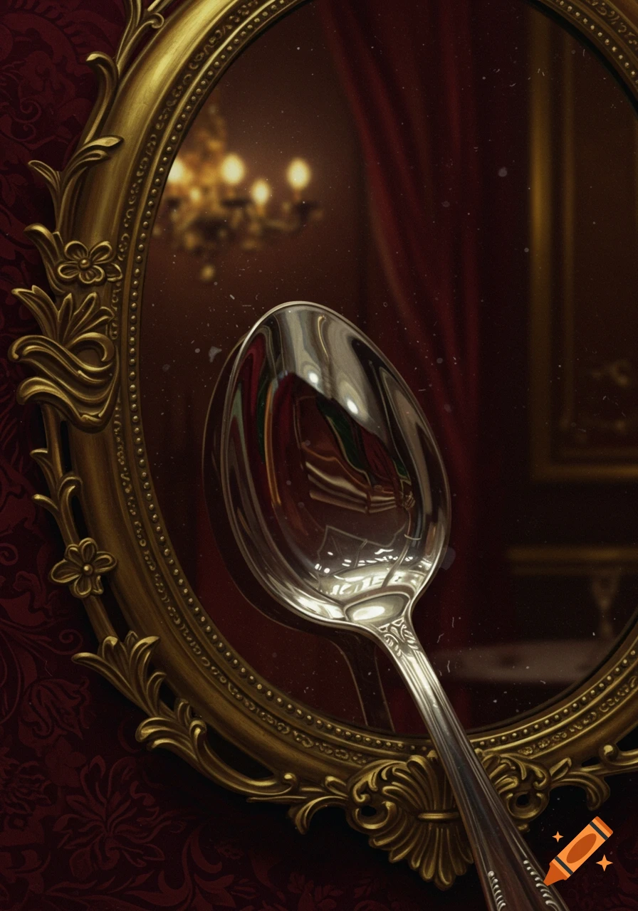 A silver spoon leans against an ornate gold mirror, reflecting a blurred chandelier and red curtain in a luxurious setting.