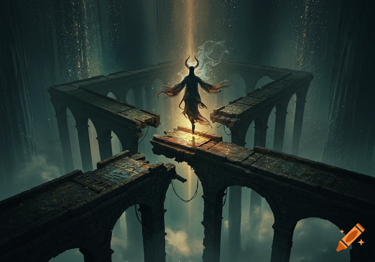 A horned, shadowy figure with flowing robes stands on crumbling stone bridges bathed in ethereal light.
