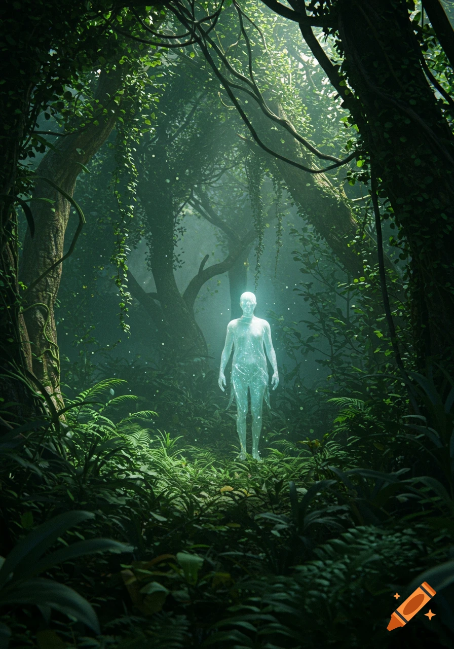 An ethereal glowing figure stands in a dense, lush green jungle with light rays filtering through the canopy.