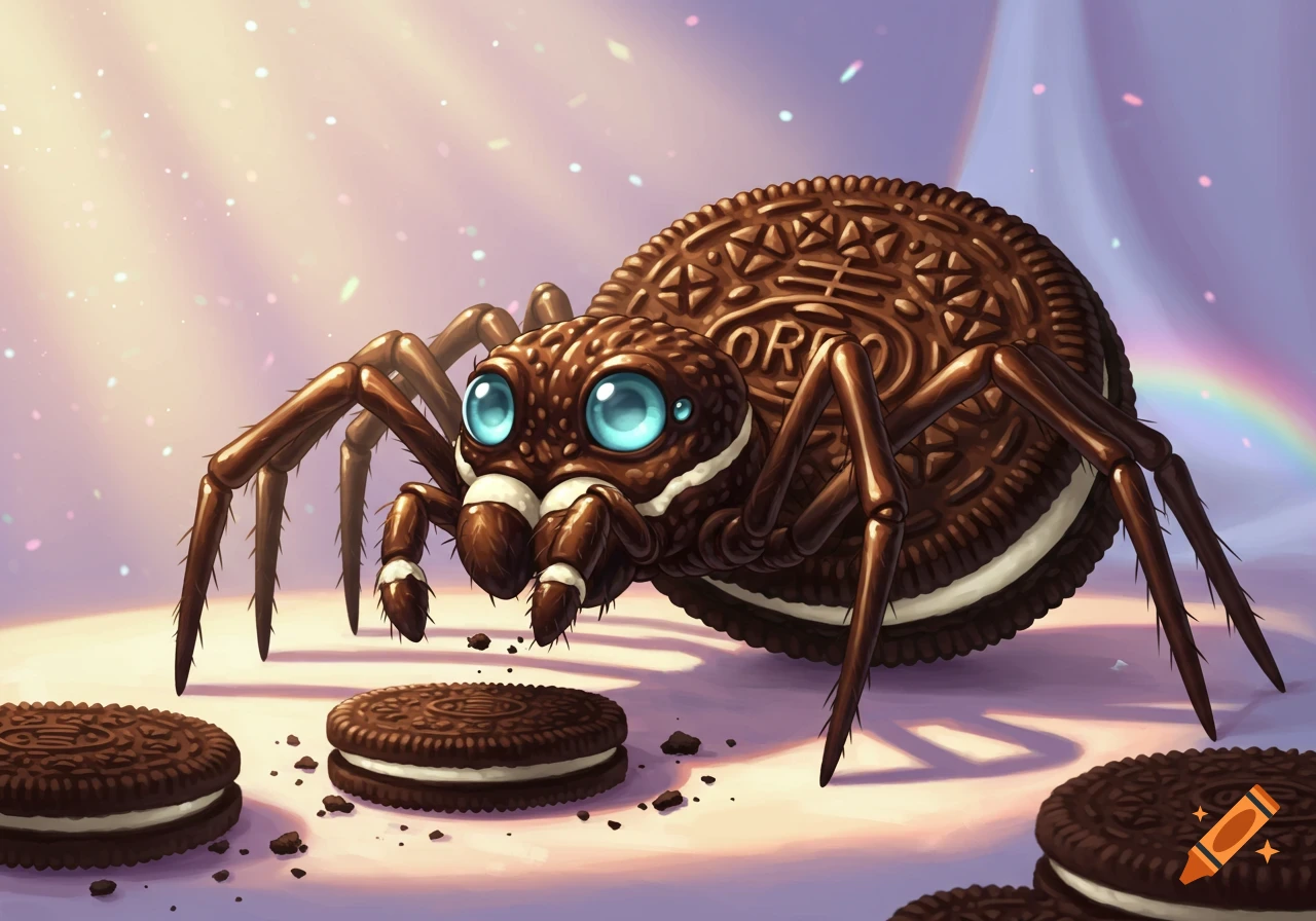A cute anime-style spider made of Oreo cookies with big blue eyes, surrounded by crumbs and other Oreos on a colorful background.