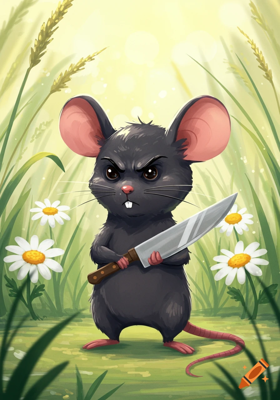 An angry, dark-furred cartoon mouse stands in a grassy field with daisies, clutching a large knife.
