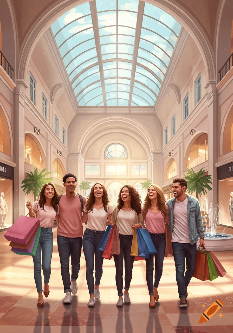Six diverse friends happily walk and laugh with shopping bags in a bright, arched mall with a skylight.