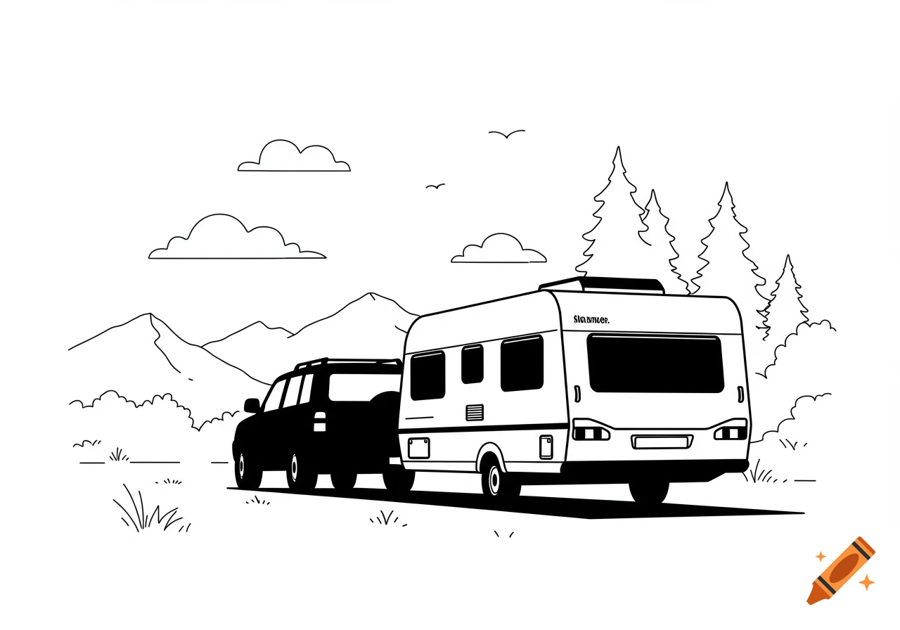 Black and white sketch of an SUV towing a caravan through a mountain landscape.