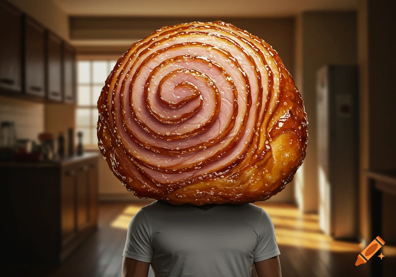 A man with a spiral-cut, glazed ham for a head stands in a blurred kitchen background.