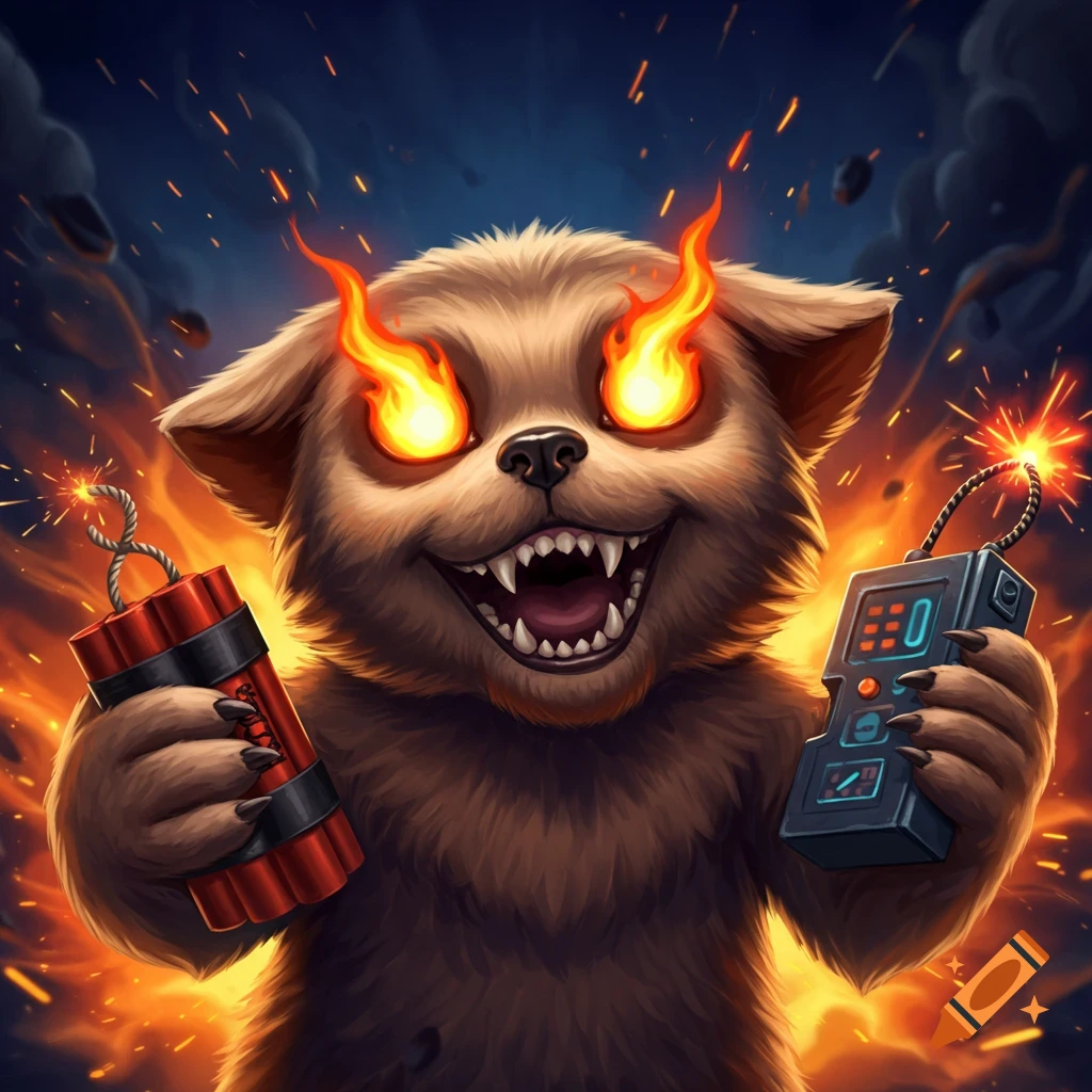 A mischievous, fluffy, bear-like cartoon creature with flaming eyes, holding lit dynamite and a detonator, against an explosive, fiery background in a digital illustration style.