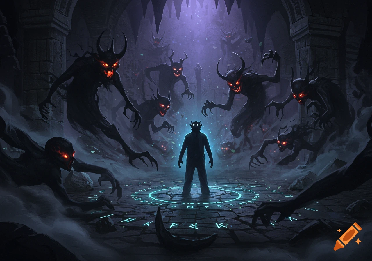 A silhouetted figure stands in a glowing magic circle, surrounded by shadowy, horned fiends with red eyes in a dark, ancient chamber, in a dark fantasy art style.