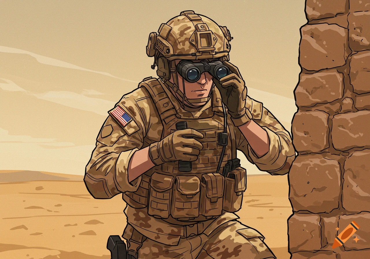Clipart of a US infantry soldier in desert camouflage using binoculars, peering from behind a stone wall.