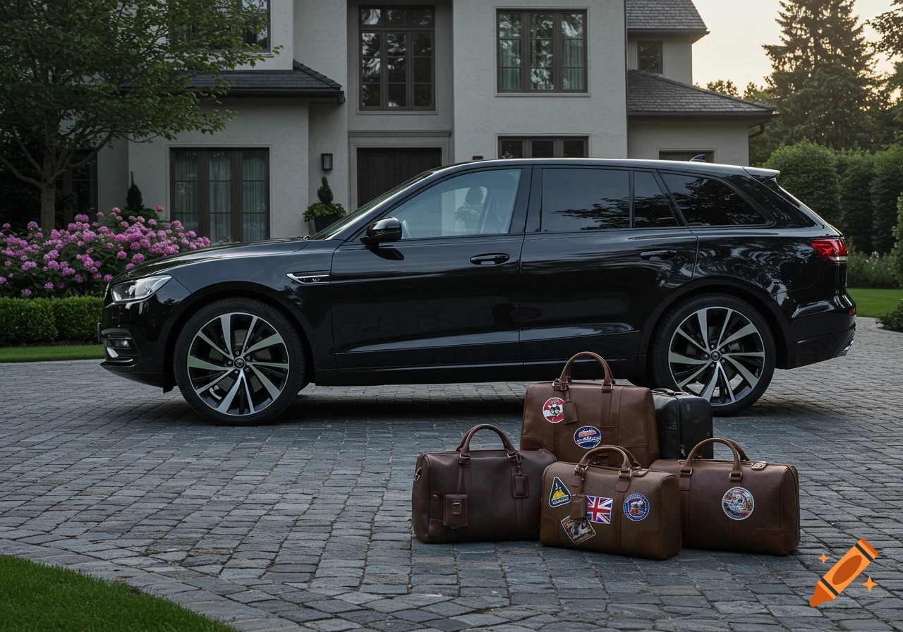 A black luxury SUV is parked on a cobblestone driveway in front of a large house, with brown leather luggage sitting on the ground beside it.