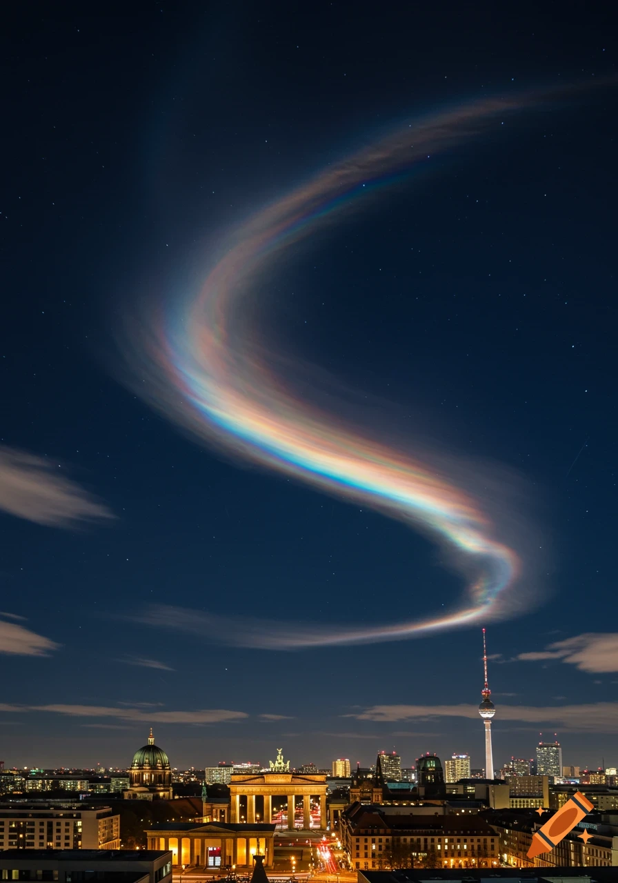 Nighttime cityscape of Berlin featuring illuminated landmarks under a dark sky with a swirling, vibrant rainbow cloud.