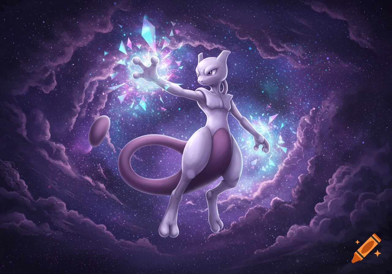 Mewtwo, the psychic Pok mon, hovers amidst a vibrant purple galaxy, emitting glowing blue and pink energy shards from its hands.