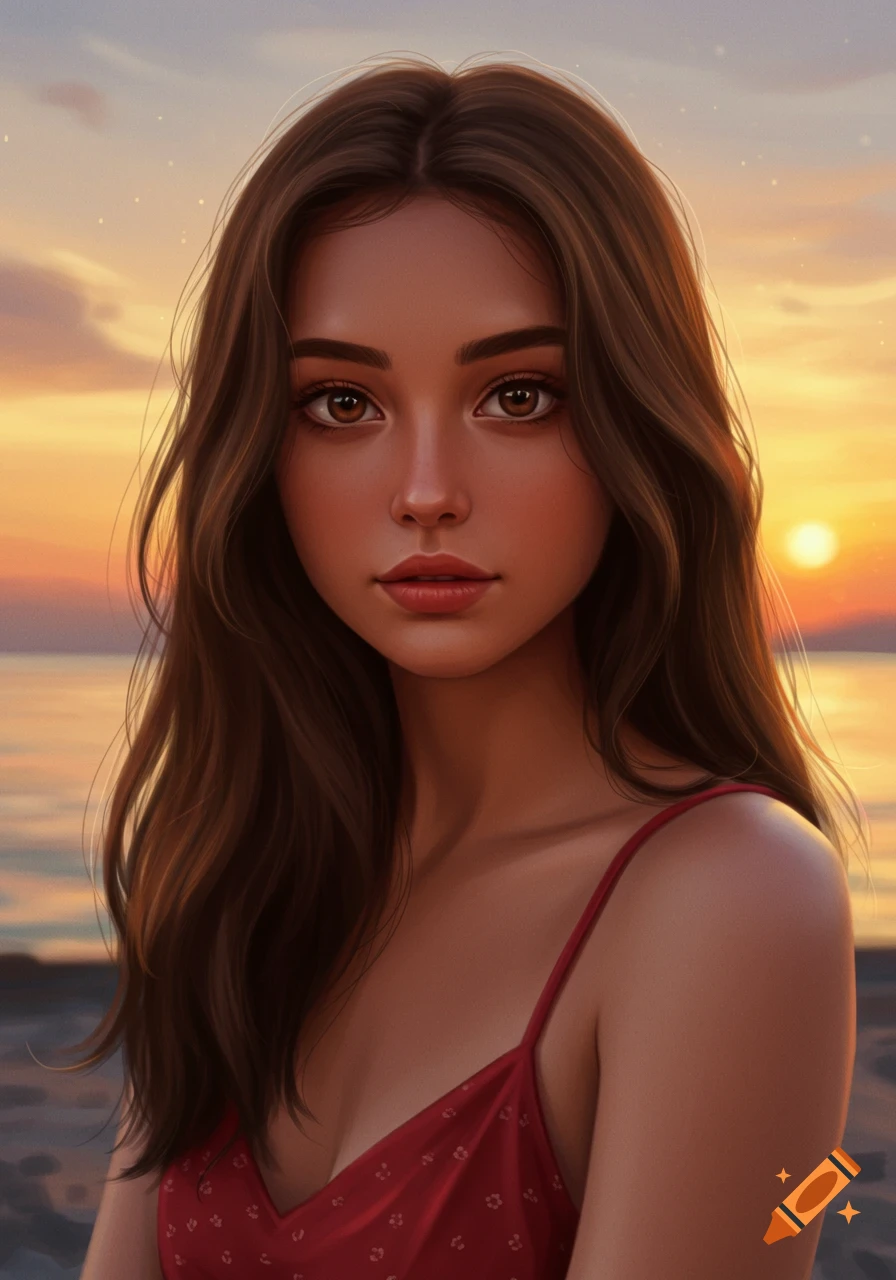 Digital painting of a young woman with long brown hair, brown eyes, and a red top, against a sunset over the ocean.