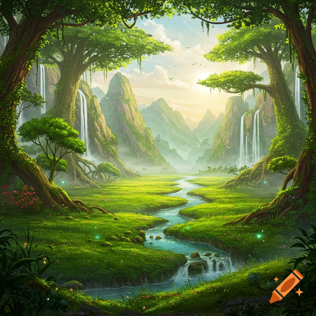 Lush green fantasy landscape with towering trees framing waterfalls, a winding river, and distant misty mountains under a bright sky.