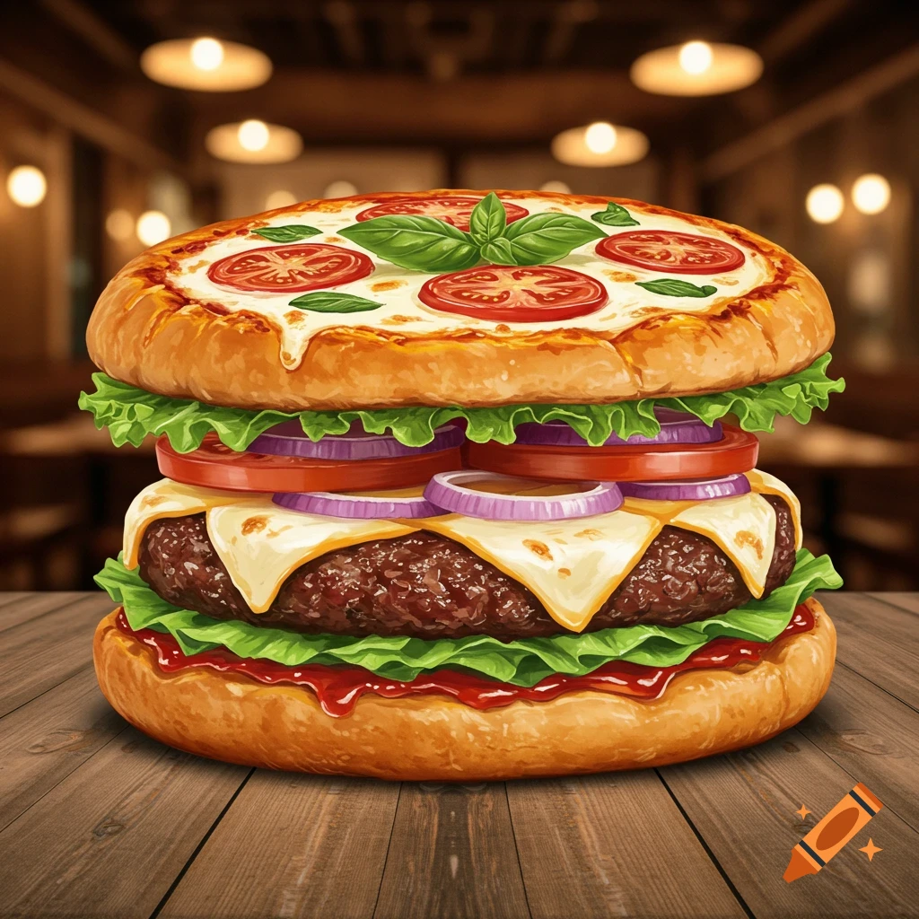 Stylized hamburger with a pizza-style top bun, topped with tomatoes, basil, lettuce, red onions, cheese, and a beef patty, on a wooden table in a restaurant setting.