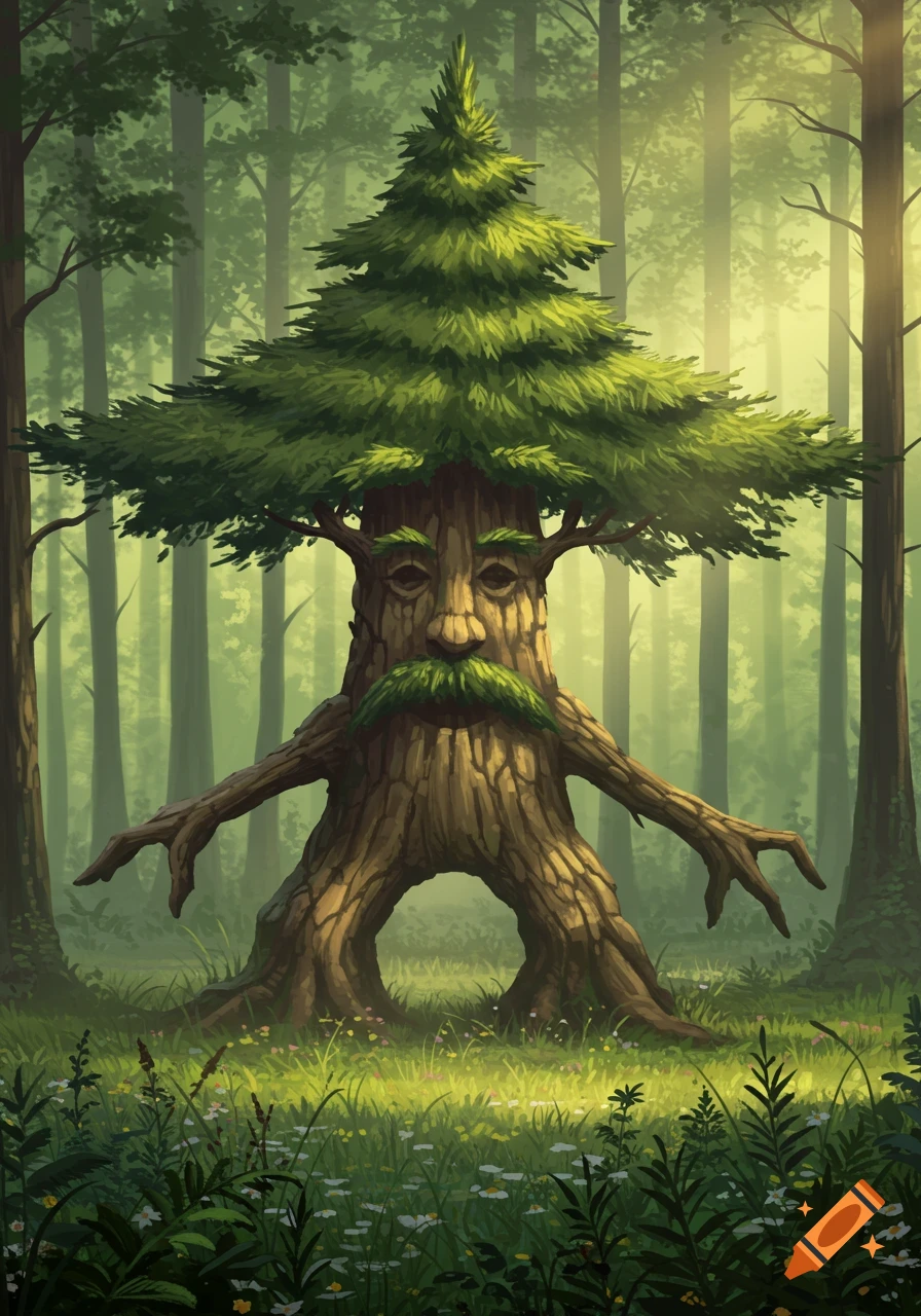Stylized illustration of a friendly coniferous tree creature with a face and a green mustache, standing in a sunny forest clearing.