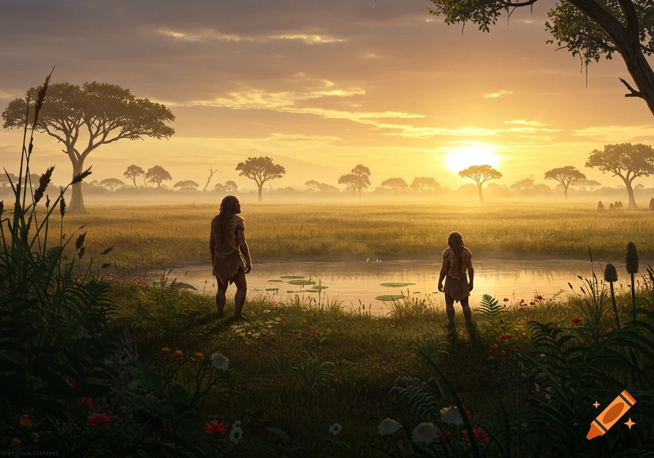 Two early humans stand by a river in a vast, grassy plain under a radiant sunrise.
