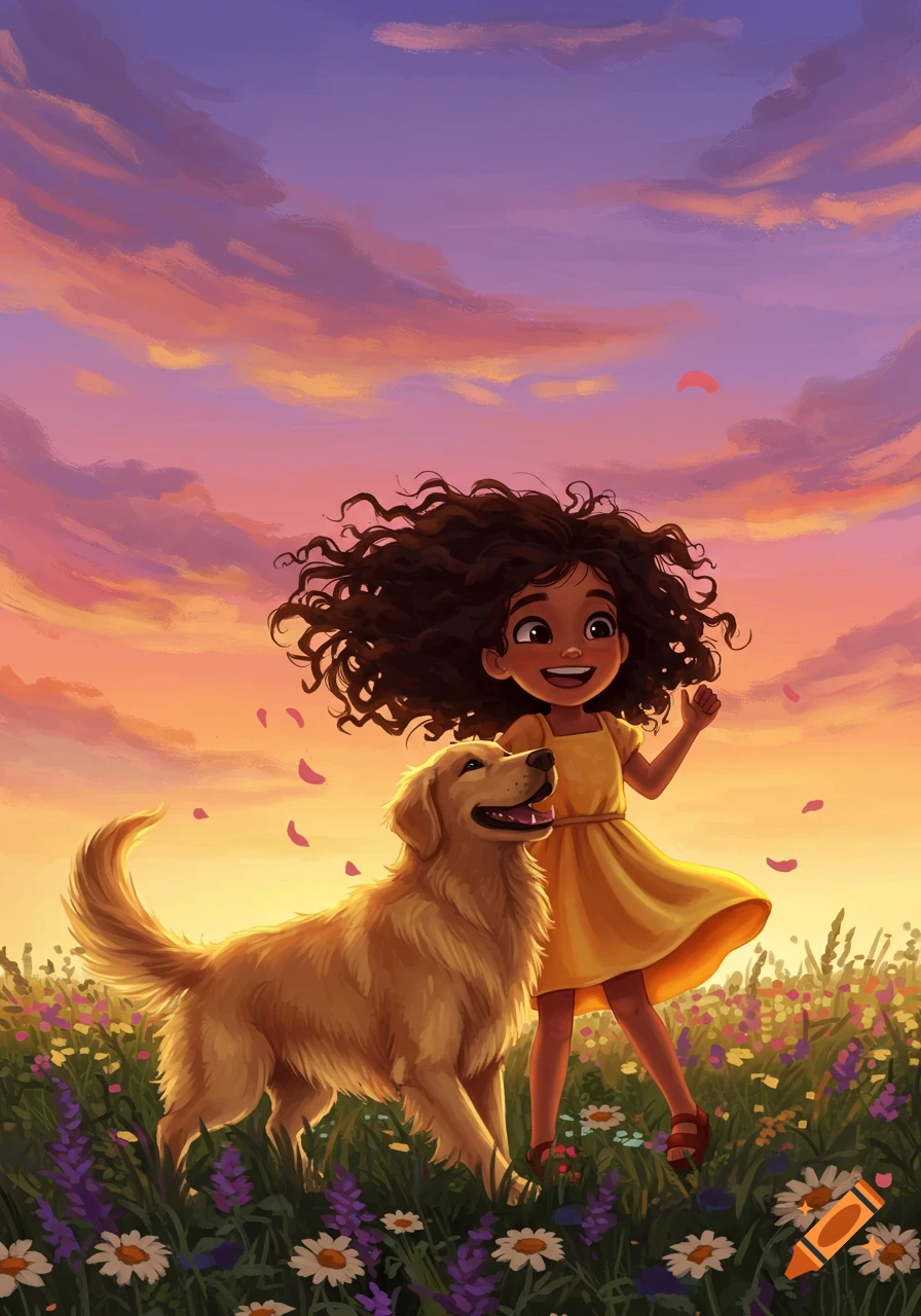 Happy cartoon girl with curly hair and a golden retriever walk through a flowery field at sunset, rose petals falling.