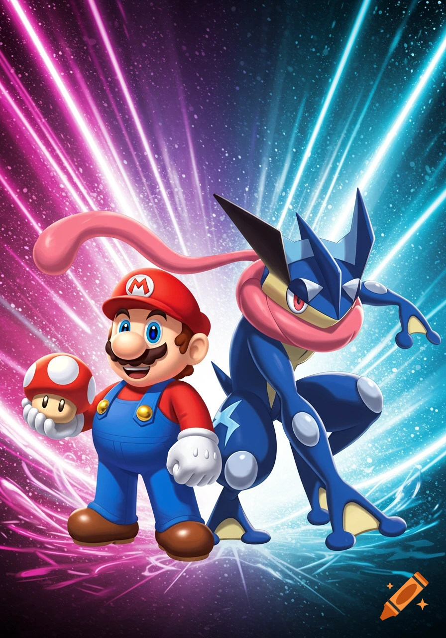Vibrant digital art of Mario holding a mushroom next to Greninja in a dynamic pose, against a pink and blue light streak background.