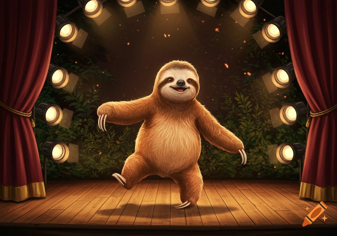 A happy, cartoonish sloth dances confidently on a wooden stage with red curtains, surrounded by spotlights and jungle foliage.