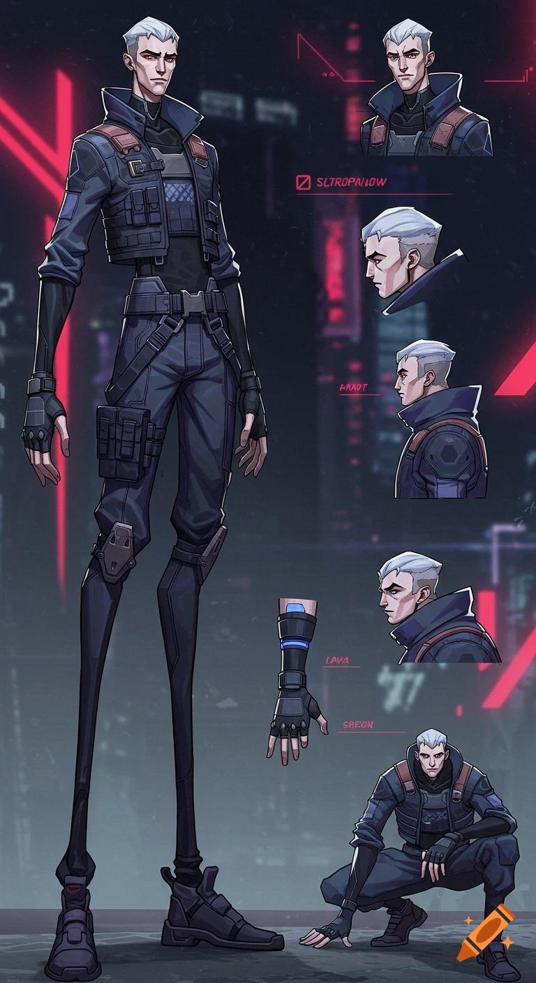 Stylized reference sheet of a tall, lanky man with silver hair in a black tactical outfit, against a sci-fi city background.