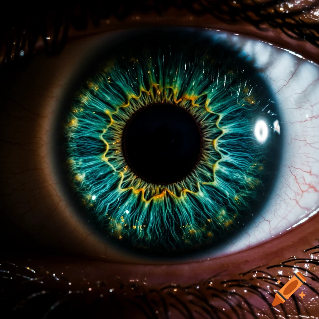 Extreme close-up of a human eye with a vibrant teal and gold iris, dark pupil, and visible blood vessels.