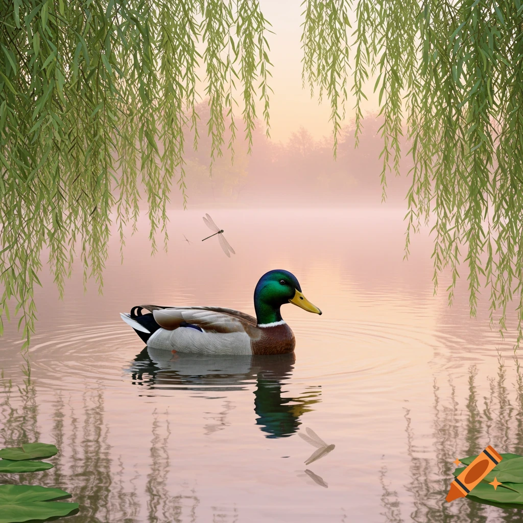 A male mallard duck swims on a misty lake at sunrise, surrounded by hanging willow branches and a dragonfly.