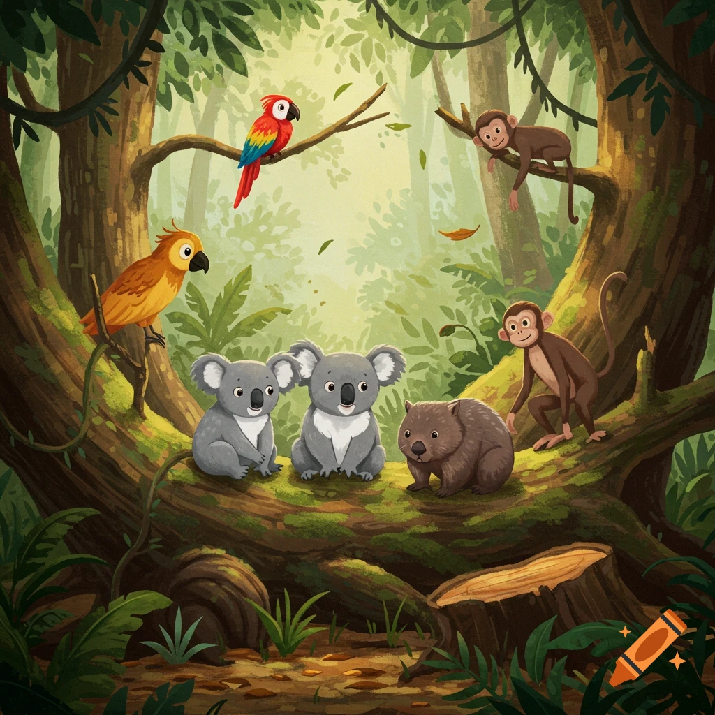 Children's illustration of two koalas, a wombat, two monkeys, and two parrots sitting on mossy logs in a jungle.