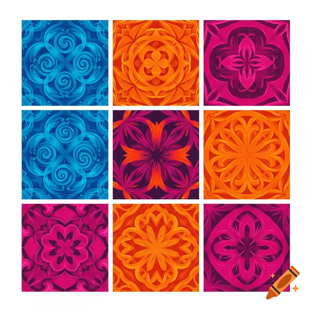 A 3x3 grid of nine abstract, colorful, symmetrical patterns in shades of blue, orange, and fuchsia.