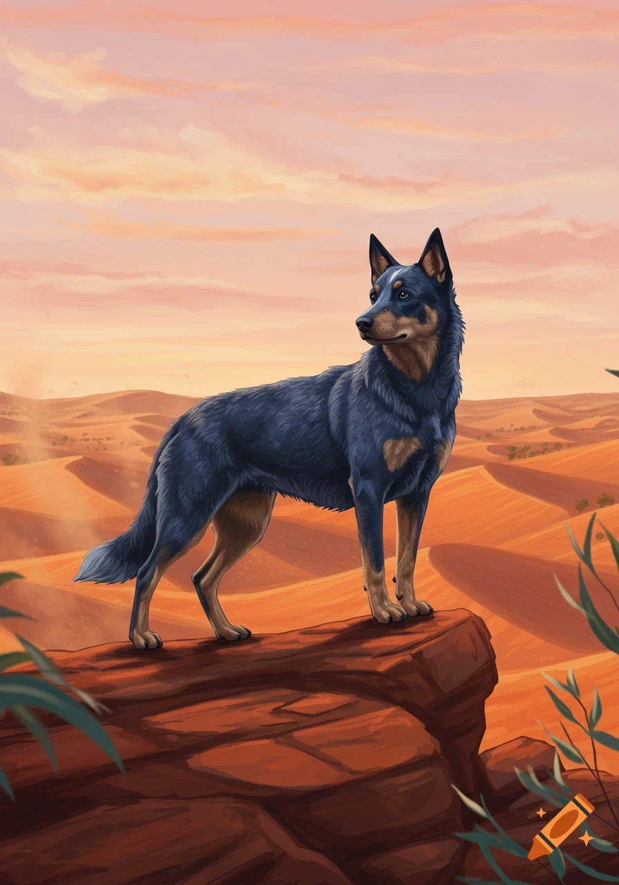 A blue Kelpie dog stands on a red rock in a desert landscape under an orange sky, digital art.