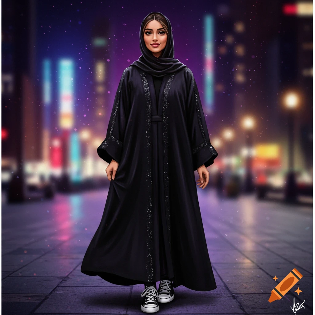 A digitally painted young woman in a black abaya, hijab, and sneakers stands on a dark city street at night.