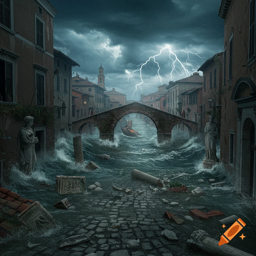 A dramatic photorealistic scene of a Roman town street heavily flooded during a stormy night with lightning in the sky. Ruins and waves fill the street.