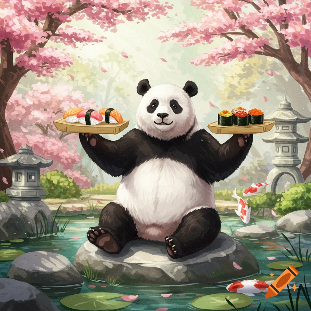 An illustrated panda sits in a Japanese garden, holding sushi trays. Pink cherry blossoms, koi fish, and lanterns are visible.