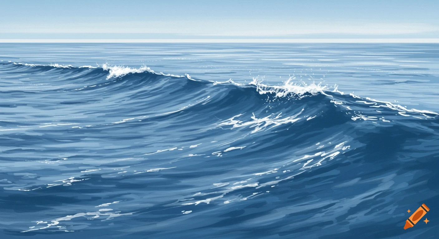 Stylized illustration of gentle blue ocean waves with white crests, under a clear light blue sky and a distant horizon.