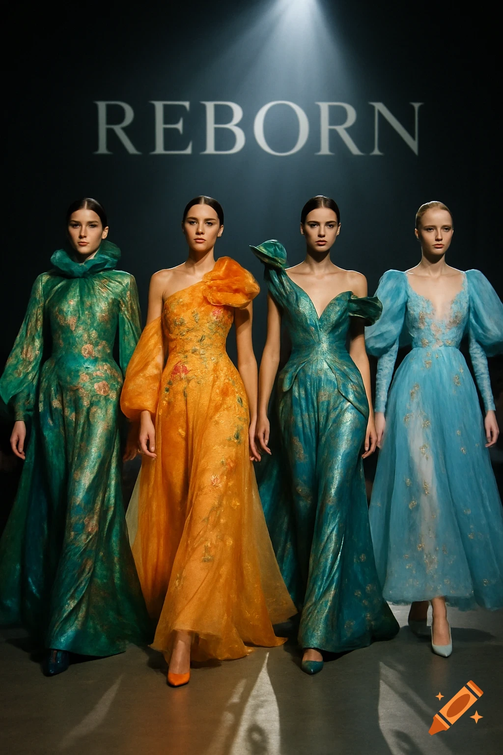 Four models walk a runway wearing elaborate green, orange, and blue high-fashion gowns, with 'REBORN' lit on the dark background.