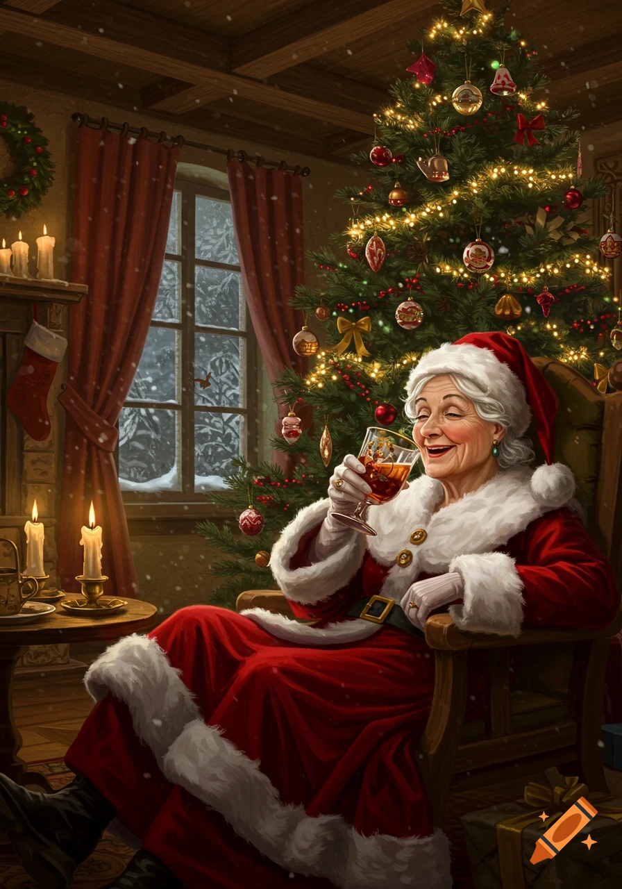 Mrs. Claus smiling, sitting by a fireplace and decorated Christmas tree, holding a drink in a cozy room.