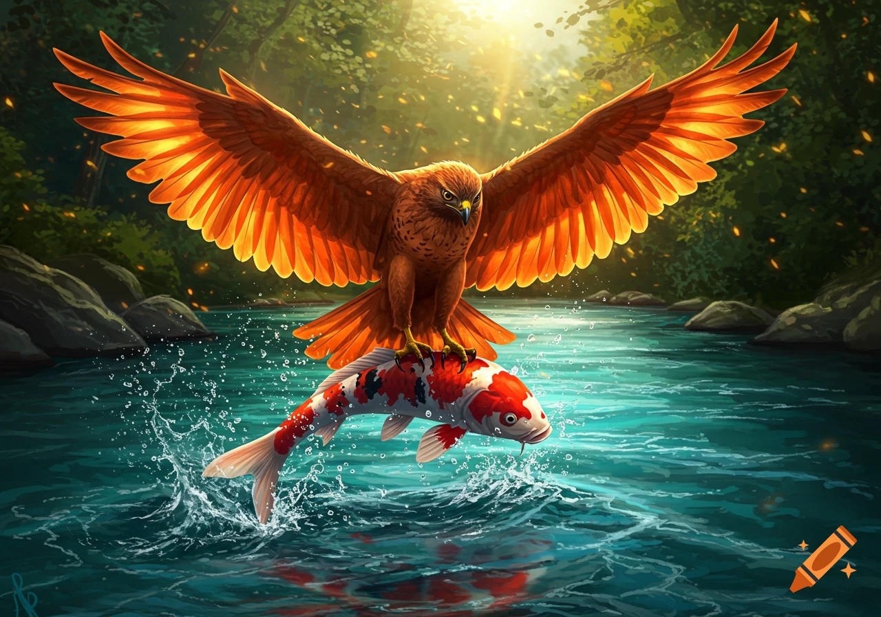 A majestic fire hawk with glowing orange wings catches a large koi fish from a splashing river in a sunlit forest.