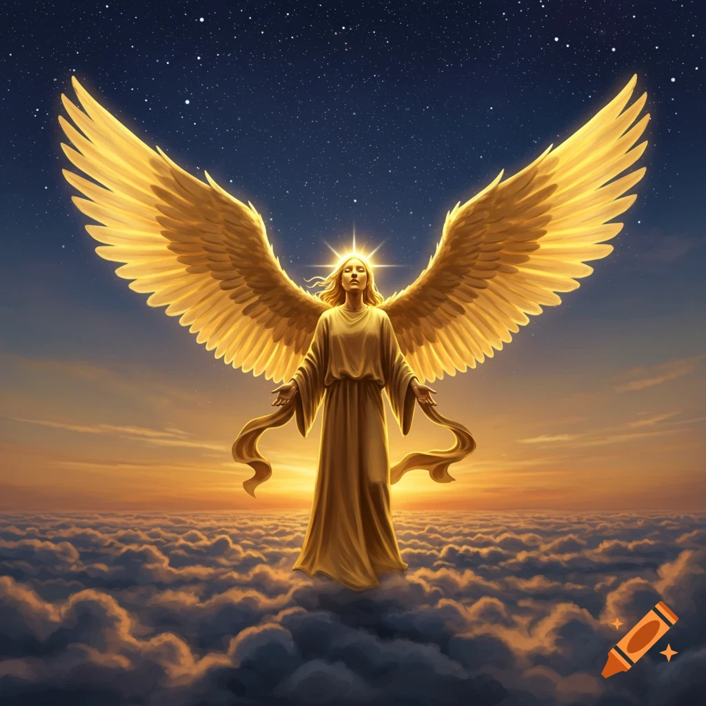 A majestic golden-winged angel stands on clouds at sunset, looking up at a starry sky.