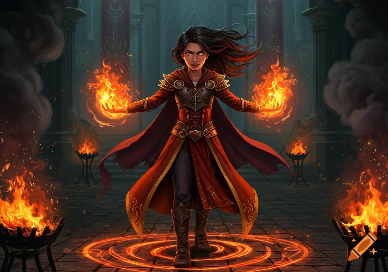 A fierce teen girl fire warlock in red robes and armor casts fire spells in a dark medieval hall with glowing braziers and a magic circle.