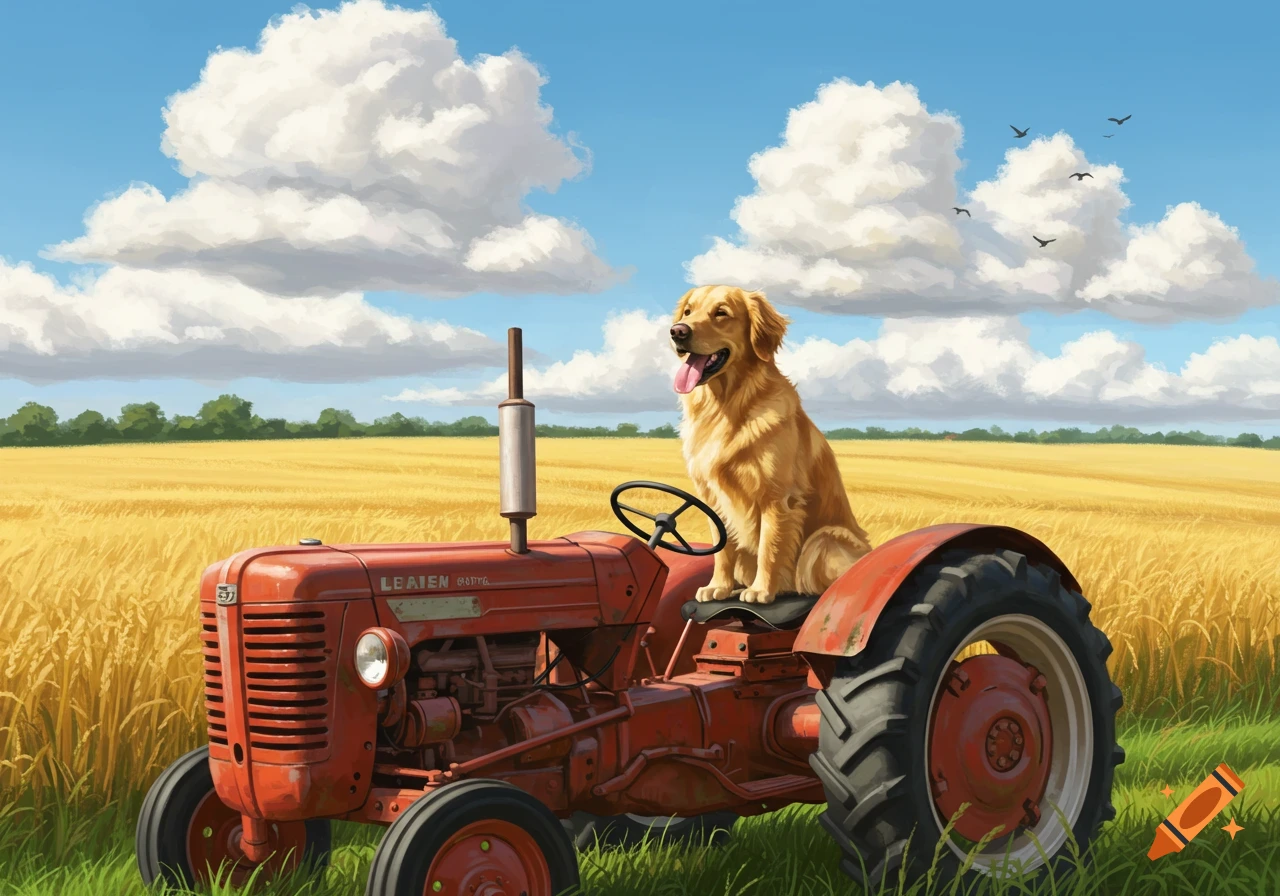 A golden retriever sits on a red vintage tractor in a golden wheat field under a blue sky with clouds. Painted style.