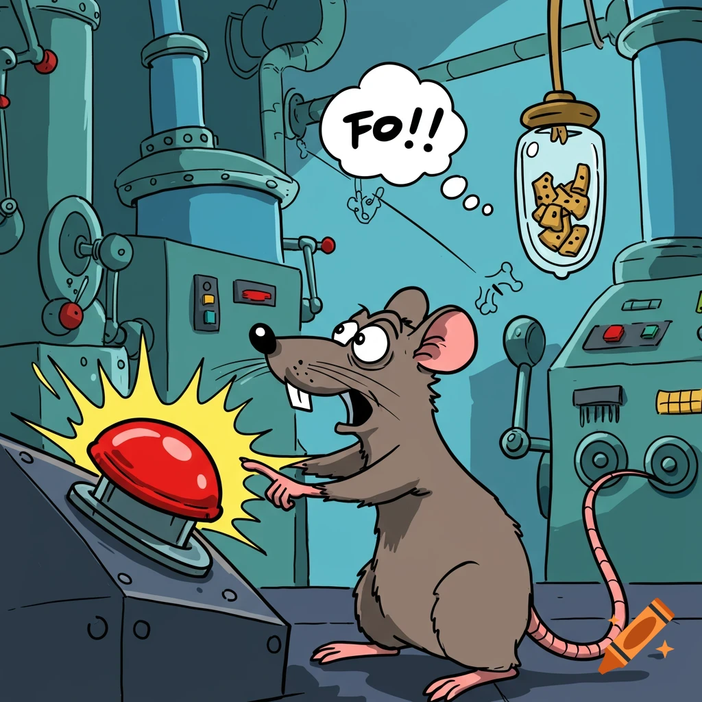 A cartoon rat with a thought bubble "Fo!!" pushes a large red button in a busy laboratory setting, looking towards a jar of food.