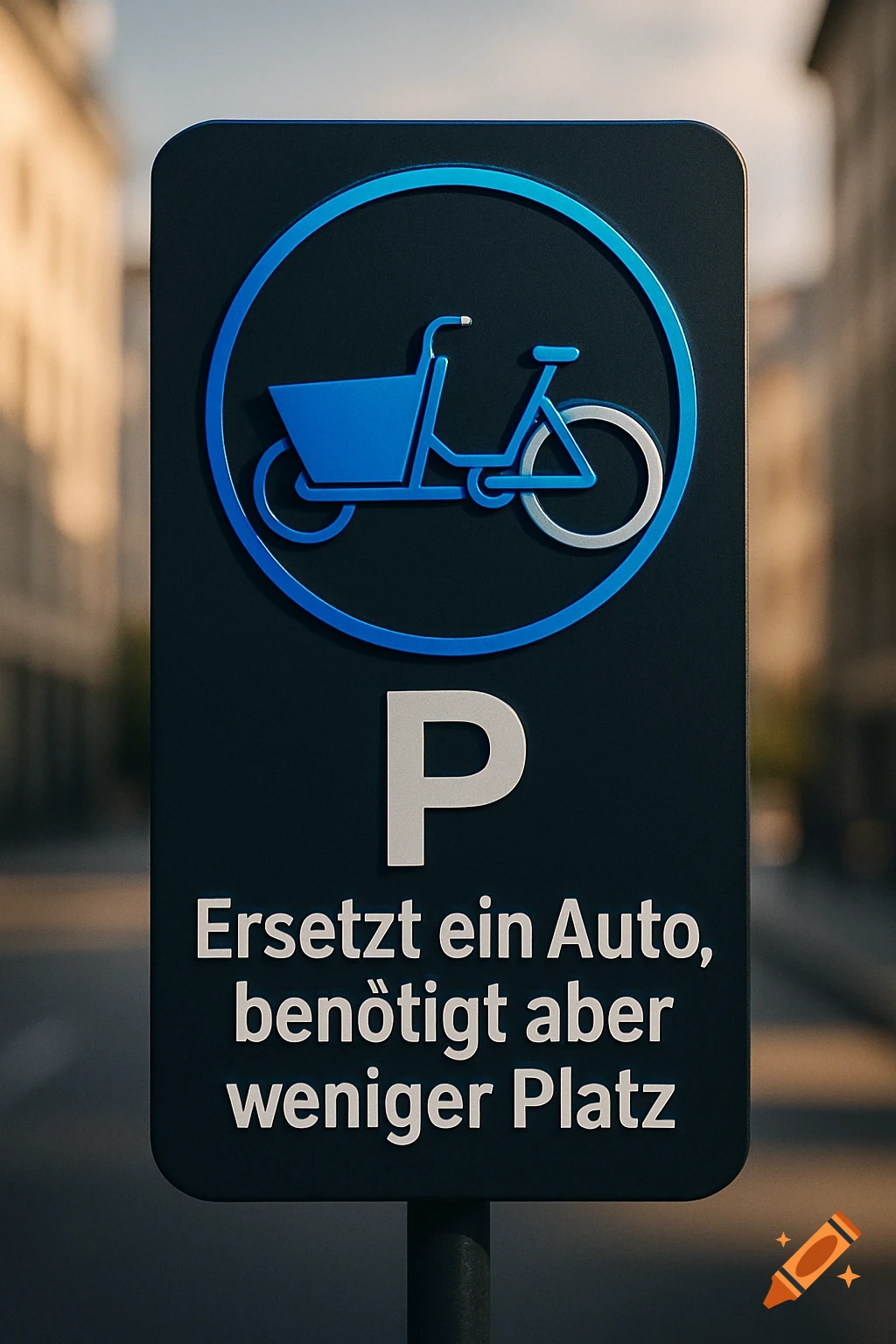 Photorealistic dark parking sign with a blue cargo bike icon and German text on a blurred city street.