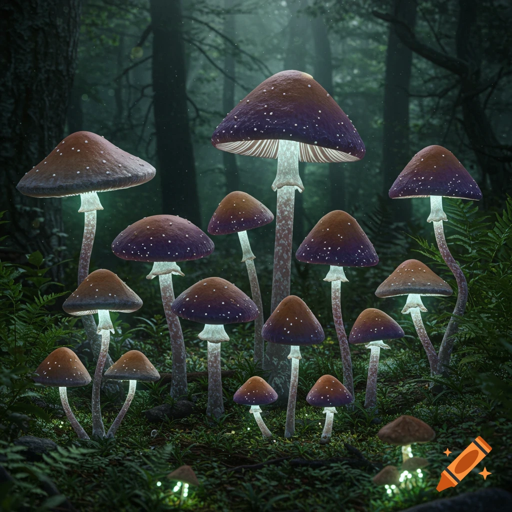 A cluster of purple-capped, glowing mushrooms with white spots illuminates a dark, misty forest floor with ferns.