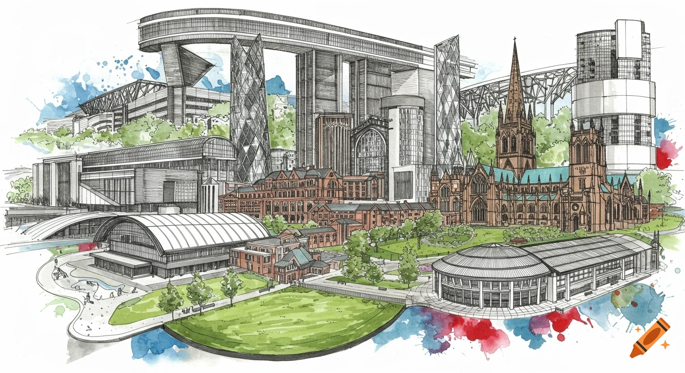 Detailed architectural sketch of a cityscape featuring various buildings, accented with blue, red, and green watercolor splashes.