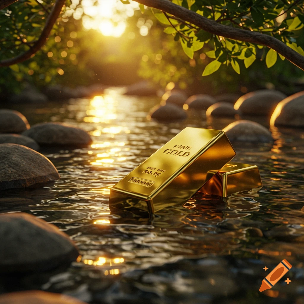 Two shiny gold bars rest on rocks in a shallow river, reflecting the warm glow of a sunset filtering through lush green trees.