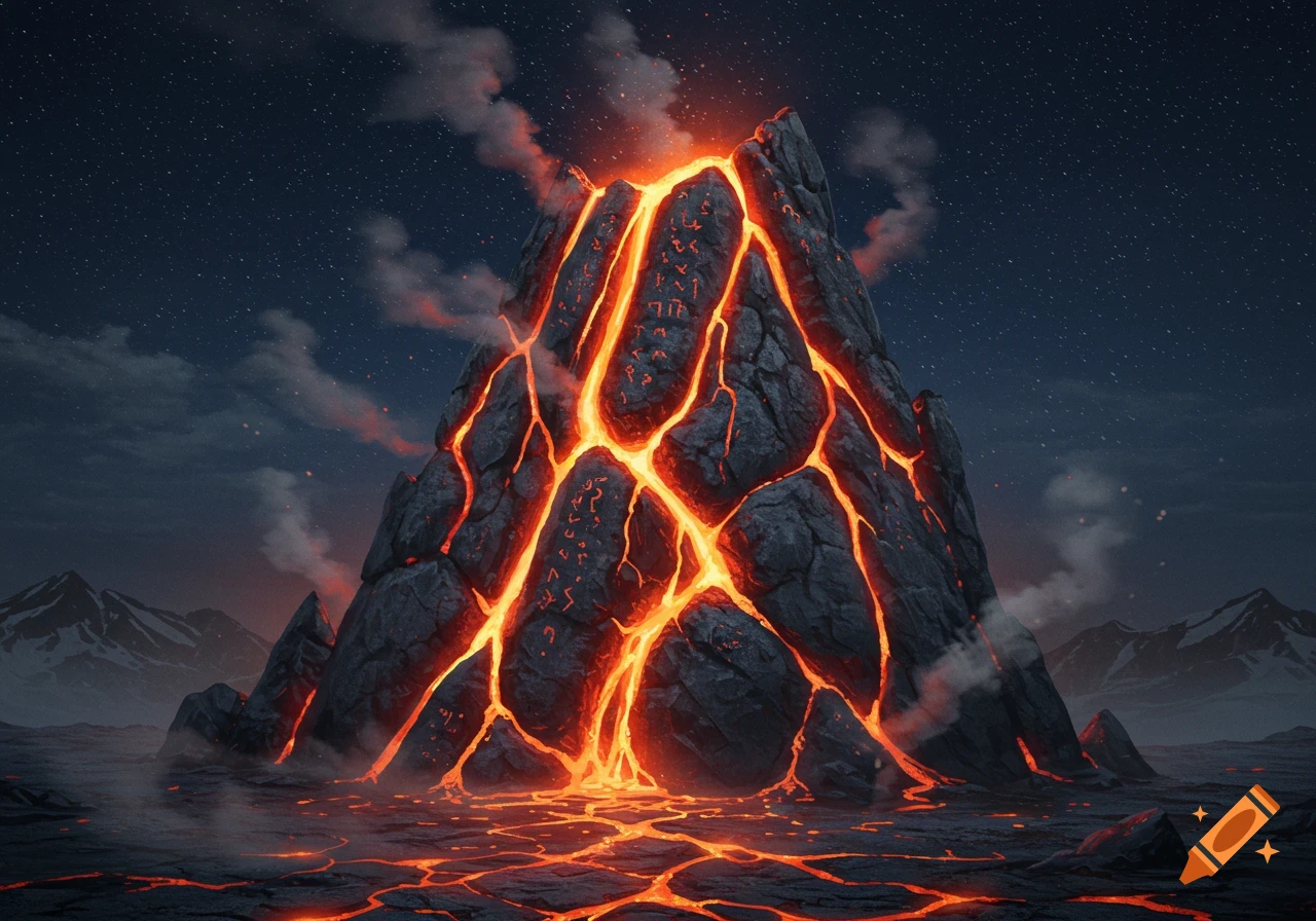 A dark, rocky mountain erupts with glowing orange lava flowing through its cracks and over the ground under a starry night sky. Glowing runes are embedded in the lava.