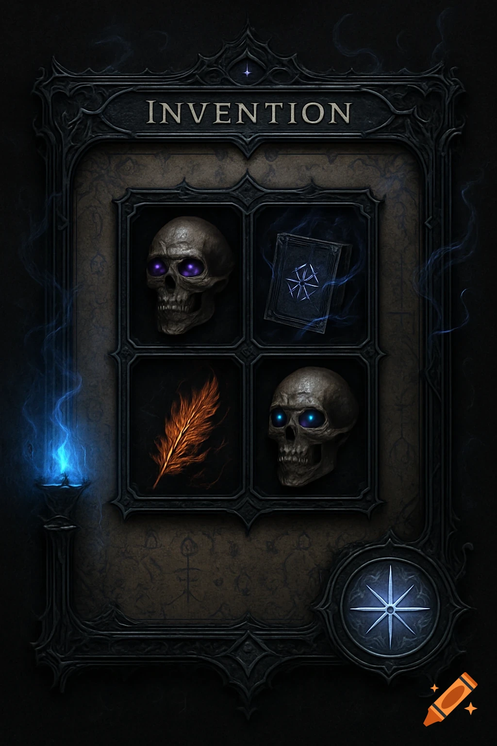 A dark fantasy game interface showing 'INVENTION' with two skulls, a mystical book, and a feather in framed slots.