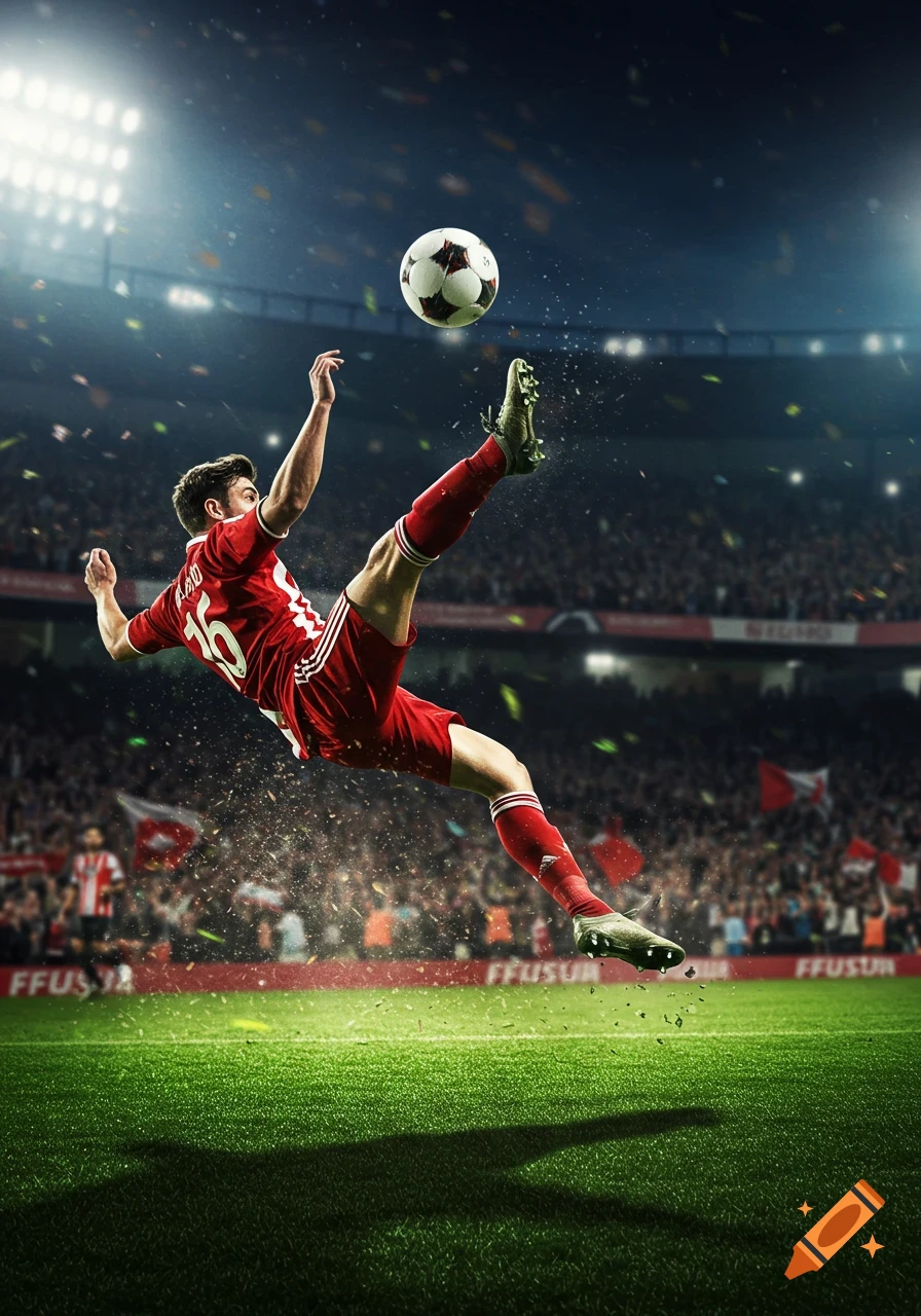 Photorealistic soccer player in red kicking a ball mid-air on a stadium field at night.