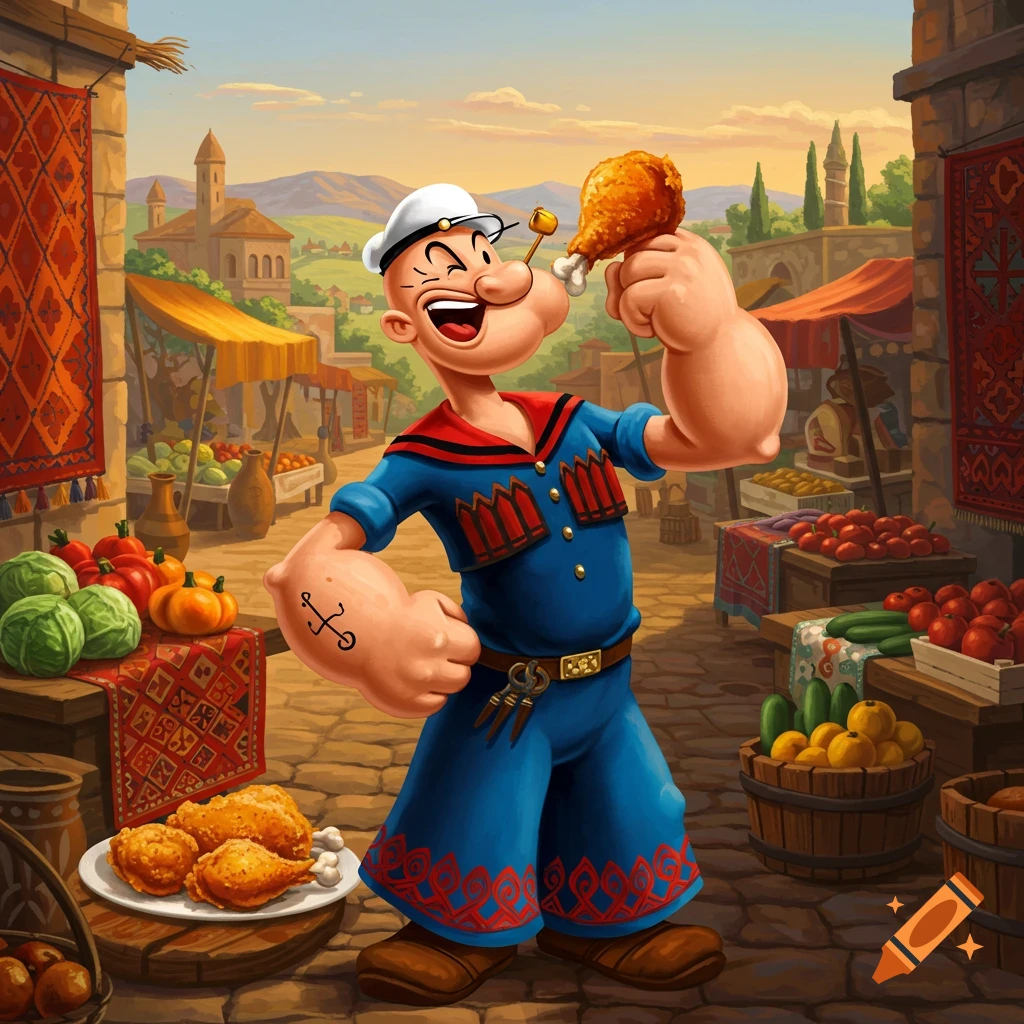 Popeye in Armenian folk clothing, enthusiastically eating fried chicken in a vibrant outdoor market with stalls and traditional rugs.
